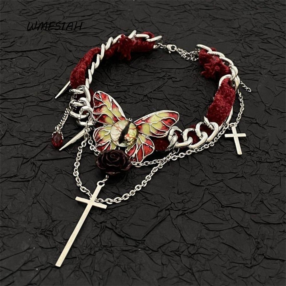 WMES1AH ผีเสื้อ Rose Choker, สไตล์โกธิค Corss Y2K สร้อยคอกํามะหยี่, Vintage Eyes สีแดง Rhinestone พู