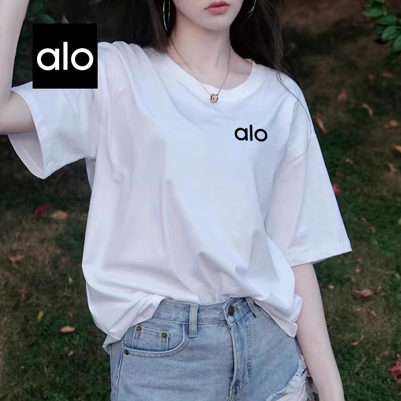 Alo Yoga ผู้ชายผู้หญิงสไตล์เดียวกันเสื้อยืดแขนสั้นผ้าฝ้ายแท้หลวมบางสไตล์ All-Match กีฬาโยคะเรา