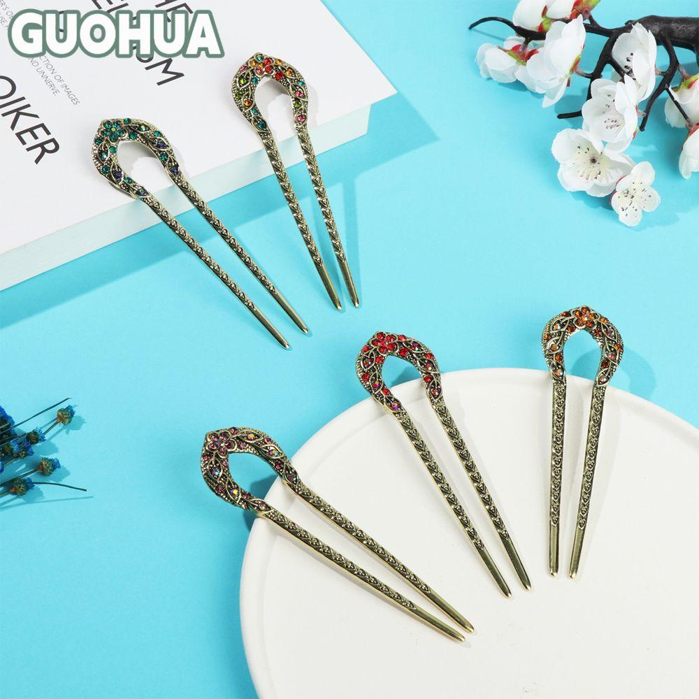 IKESOMUE Hair Sticks U Shaped Chignon Crystal Metal Vintage Bronze Hair ตะเกียบ