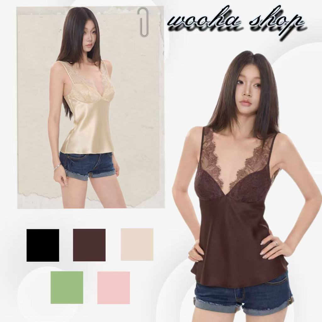 🥰wooha shop🥝เสื้อท็อปผ้าซาตินลูกไม้แฟชั่นผู้หญิงแบบใหม่ (สไตล์ยุโรปและอเมริกา)