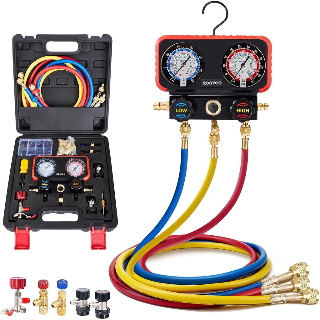 HVAC Manifold Gauge ชุดสําหรับ R22/R410a/R134a Refrigerant, 3 Way AC Refrigerant Gauges ชุด R22 R410