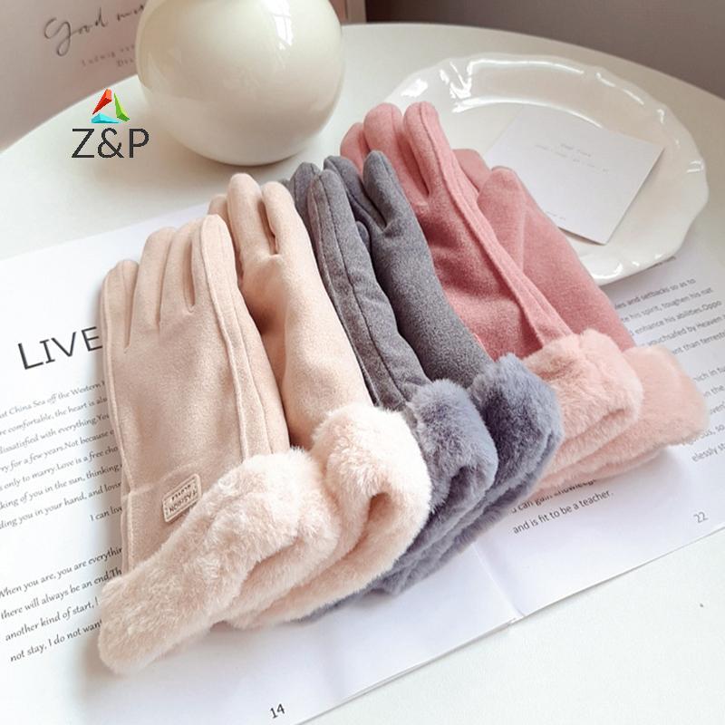 Z & P ฤดูใบไม้ร่วงฤดูหนาว Warm Suede ถุงมือ Plus กํามะหยี่หนา Plush Decor Cuff ถุงมือกลางแจ้ง Coldproof หน้าจอสัมผัสขี่สกีถุงมือ COD