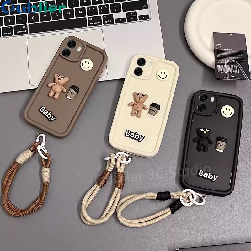 ปลอก เคส Case OPPO A6 A6X A6T A5i A5 Pro A5X 4G 5G เคสโทรศัพท์ดีไซน์ใหม่น่ารักการ์ตูน 3Dยิ้มใบหน้ากาแฟหมีตุ๊กตาซิลิโคนปกอ่อนพร้อมเชือกเส้นเล็ก 2026