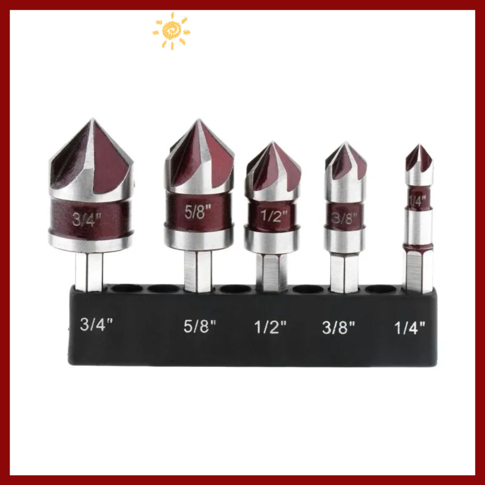 PTKFPT09 5 ชิ้น ดอกสว่านจม, หลายขนาด 1/4 3/8 1/2 5/8 3/4 นิ้ว Countersink เจาะชุด Bit, Professional 