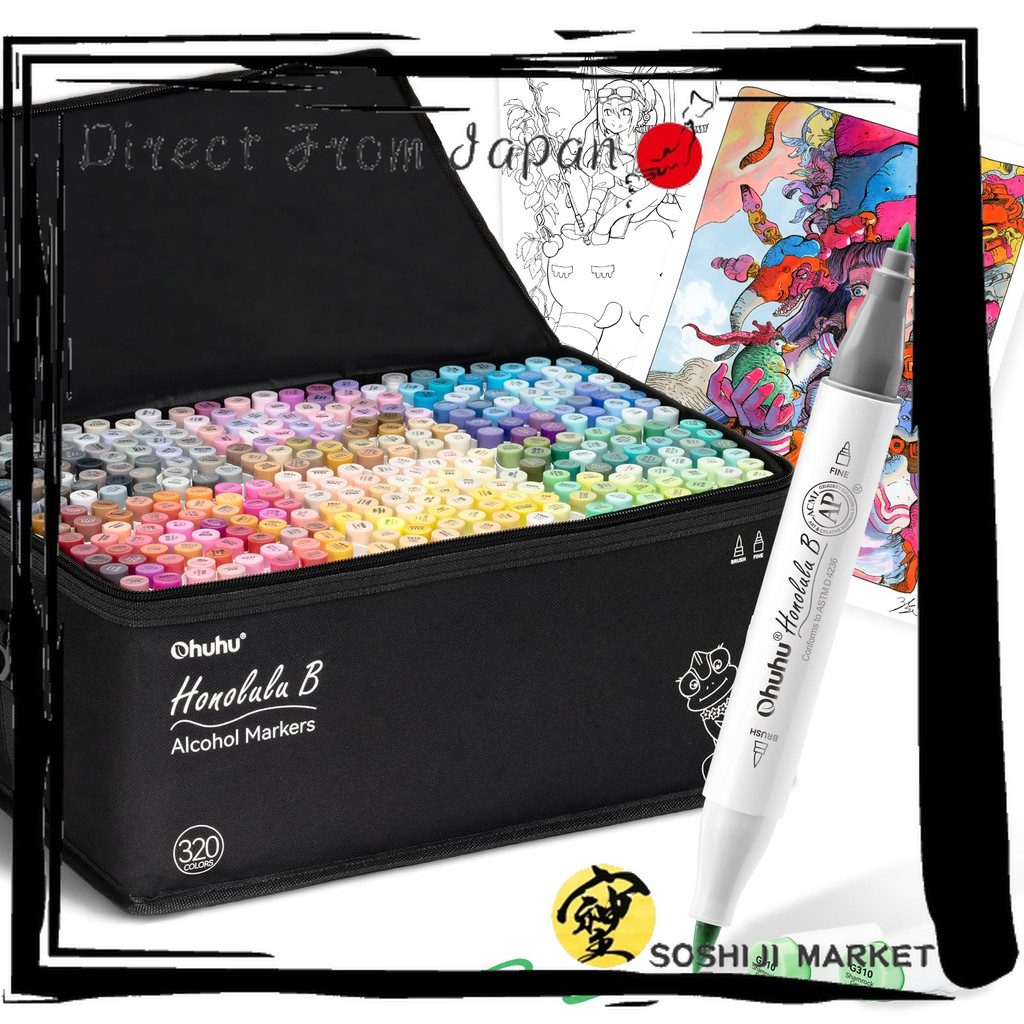 Ohuhu ปากกาเมิร์กเกอร์หัวพู่กัน 320 สี [Honolulu B Series] ปากกาคู่หัวพู่กันและหัวแหลม พร้อมปากกาเบล