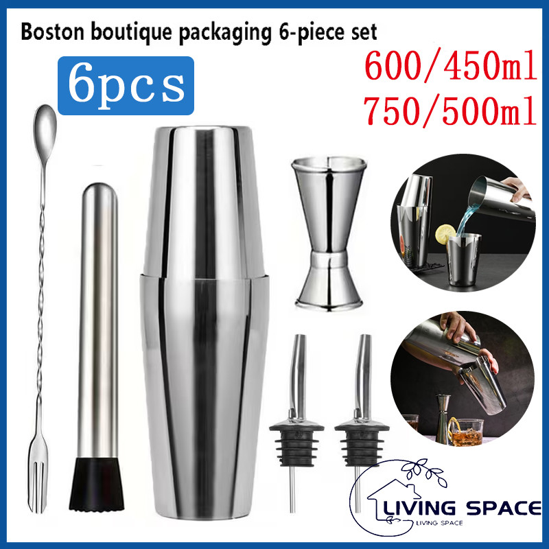 【COD】ชุดเชคเกอร์ ชุดผสมค็อกเทล สีเงิน อย่างดี จำนวน 6 ชิ้น ครบชุด Cocktail Shaker Set Stainless Steel Bartender
