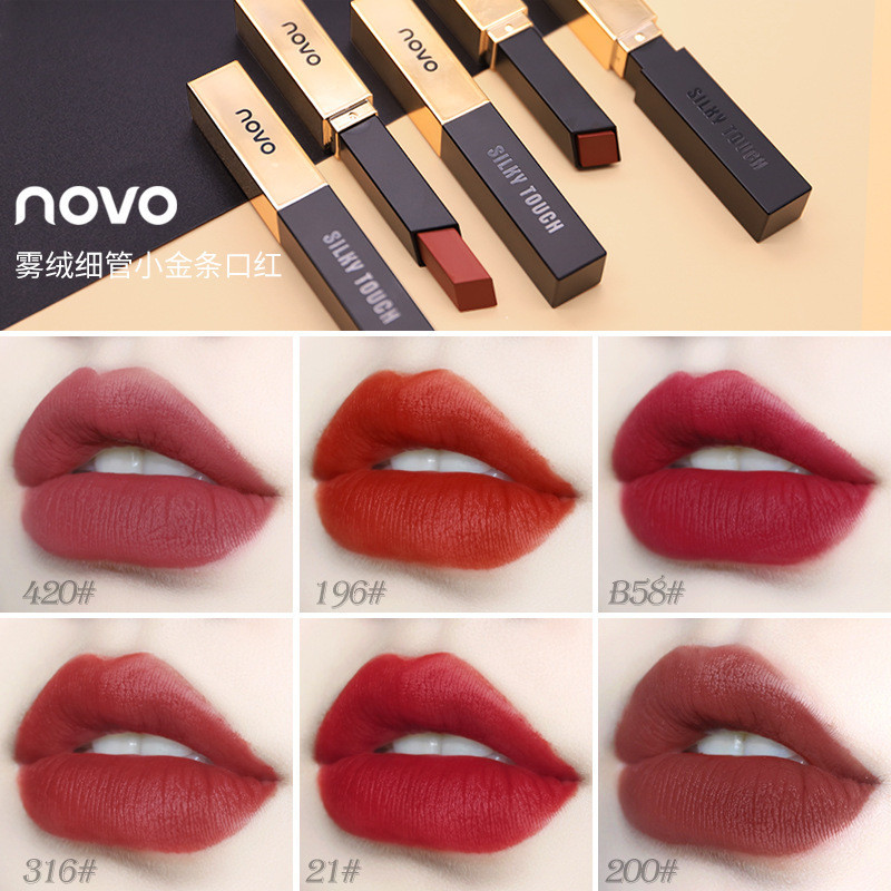 แนะนําโดย Li Jiaqi novo Lipstick Matte Velvet Matte Thin Tube Small Gold Bar Retro vnc Lip Glaze Sho