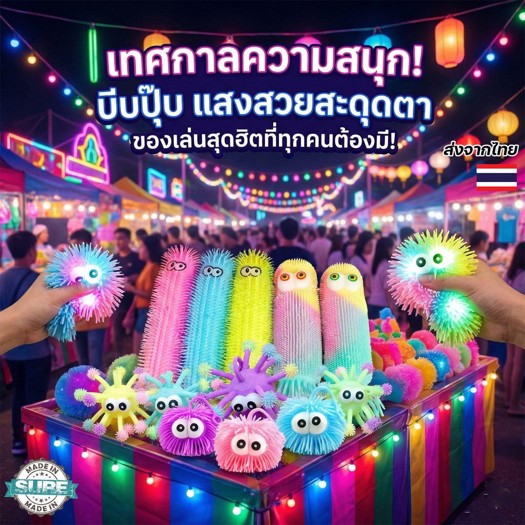 ลูกบอลบีบมีไฟ ของเล่นเด็กเล็ก รูปสัตว์การ์ตูน สีสันสดใส บีบแล้วไฟติด เล่นเพลิน ปลอดภัย