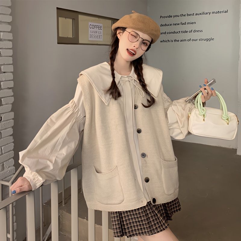 2026แฟชั่น2026/การออกแบบชิ้นเดียวซอกถักเสื้อกั๊กเสื้อกั๊กผู้หญิงคอวีเสื้อกันหนาวคาร์ดิแกน+เสื้อคอปกต