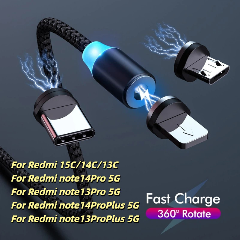 LIKAIYUE LED สาย USB แม่เหล็กชาร์จเร็ว USB Type C สายโทรศัพท์เครื่องชาร์จแม่เหล็กสําหรับ Redmi 15C 14C 13C Redmi note14Pro 5G note13Pro 5G note14ProPlus 5G note13ProPlus 5G
