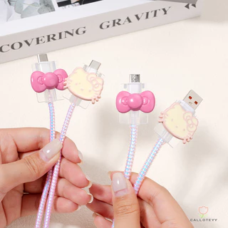 ตัวป้องกันสายชาร์จUSB-Type-Cชุดอุปกรณ์ป้องกันสายเคเบิลข้อมูลรูปแมวสีชมพูผูกโบว์น่ารัก 4 ชิ้น สไตล์ทันสมัย Type-C