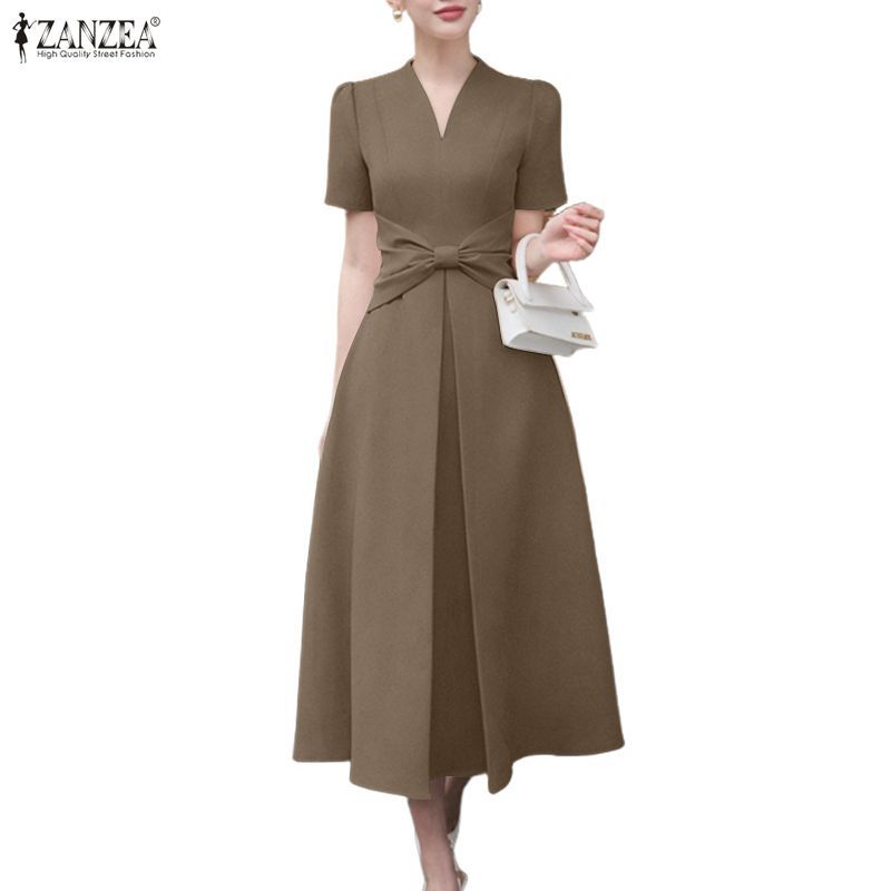 ZANZEA กระโปรง midi สไตล์เกาหลี elegance ปกโบว์ พลิ้ว V-neck แขนสั้น