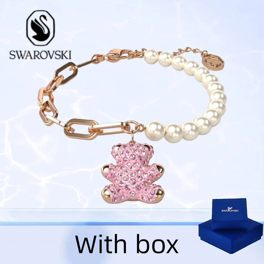 SWAROVSKI สร้อยข้อมือเพื่อผู้หญิง สีชมพูประดับตุ๊กตาหมี และเพชรเงินแท้ ส925 (พร้อมกล่อง) ราคา ถูกที่สุด ดีลบีเคเค