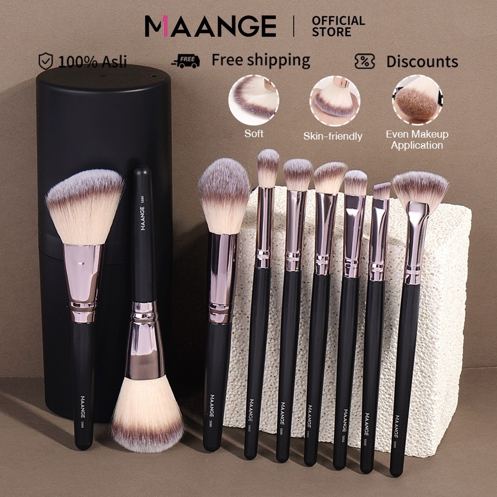 MAANGE แปรงแต่งหน้า 9 ชิ้น ปุยและนุ่ม ขนแปรงไนล่อนไฟเบอร์ ด้วยถังเครื่องสำอาง เครื่องมือแต่งหน้า