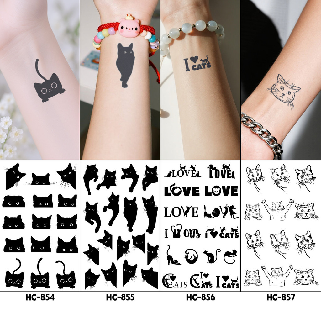 สีดําน่ารักแมวน้อยกันน้ําชั่วคราวสักสติกเกอร์ยาวนาน15วันสักปลอมที่สมจริงสําหรับผู้ชายผู้หญิง