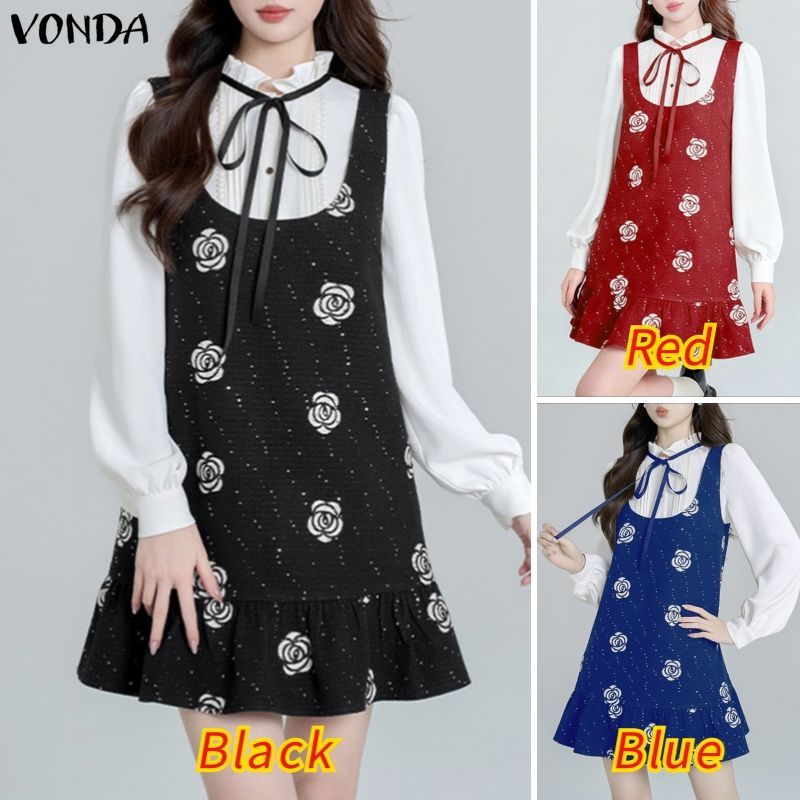 VONDA ผู้หญิงเกาหลี Girlish Stand-Up Collar, แขนยาว, ตัดแต่งหูสีดํา, กุทัณฑ์สีตัดกันและจีบดอกไม้ชุดปลอมสองชิ้น — صورة 3