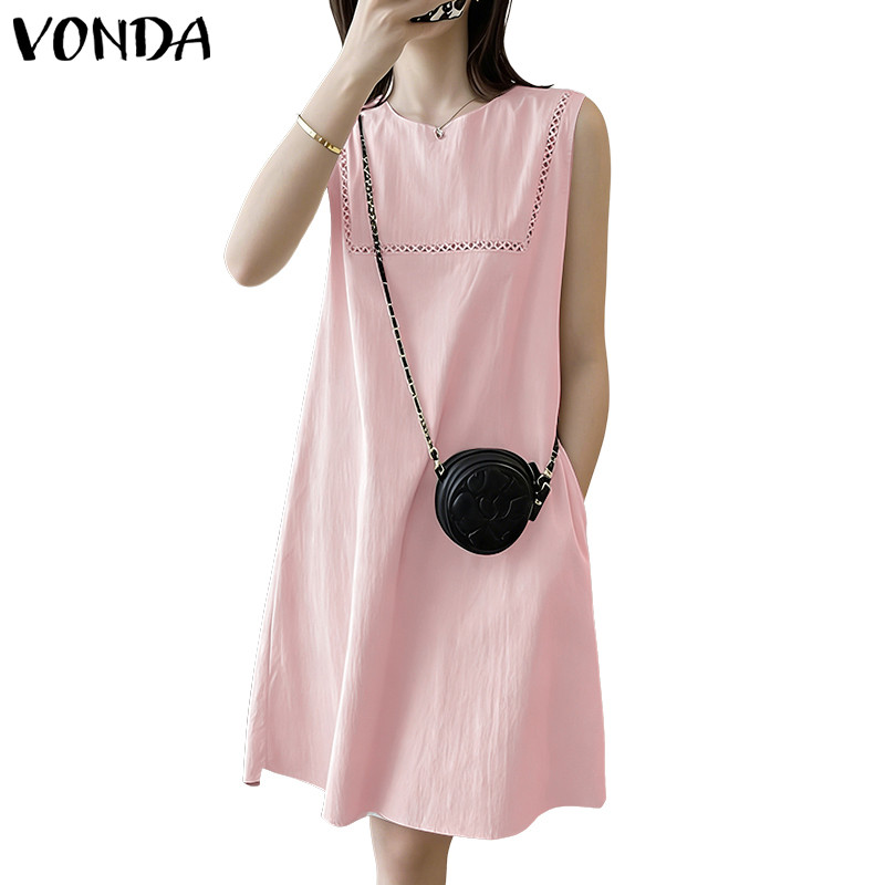 VONDA ชุดเดรสแขนกุดสีทึบลําลองเกาหลี
