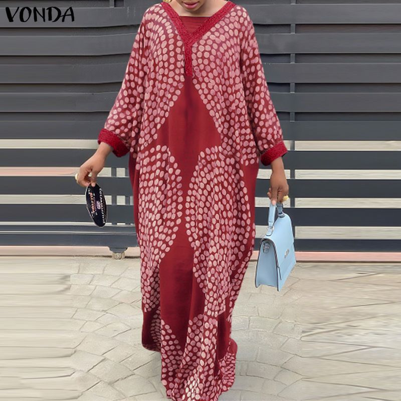 VONDA ชุดเดรสแม็กซีทรงหลวมสำหรับผู้หญิง สไตล์วินเทจพริ้นท์ดอต คอวีแขนยาว — صورة 4