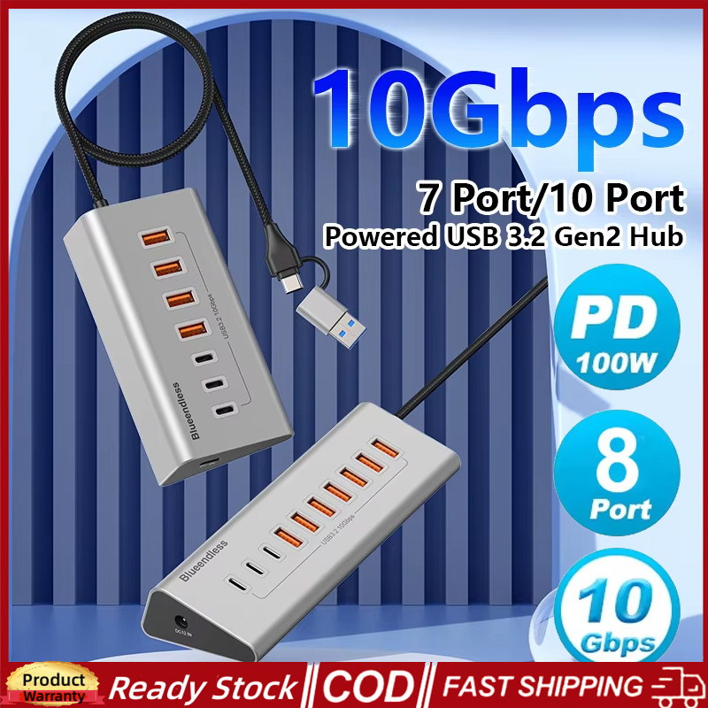 BlueendlessอลูมิเนียมUSB3.2 Gen2 10Gbps 7ports 10 พอร์ตUSB-C Hub 7 In 1 10 In 1 USB-A Splitterอะแดปเตอร์สําหรับแล็ปท็อปMacbook