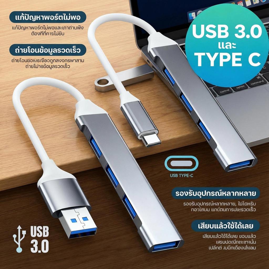 USB HUB 4 พอร์ต รุ่น USB3.0 และ TYPE-C สำหรับ PC/LAPTOP/NOTEBOOK รองรับความเร็วสูงสุด 5Gbps ใช้งานง่าย ไม่ต้องติดตั้งไดร