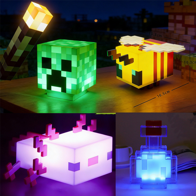 Minecraft 4 สีไฟฉายโคมไฟตกแต่ง Creative Creeper ขวด Axolotl ตกแต่งห้องนอน Nightlight