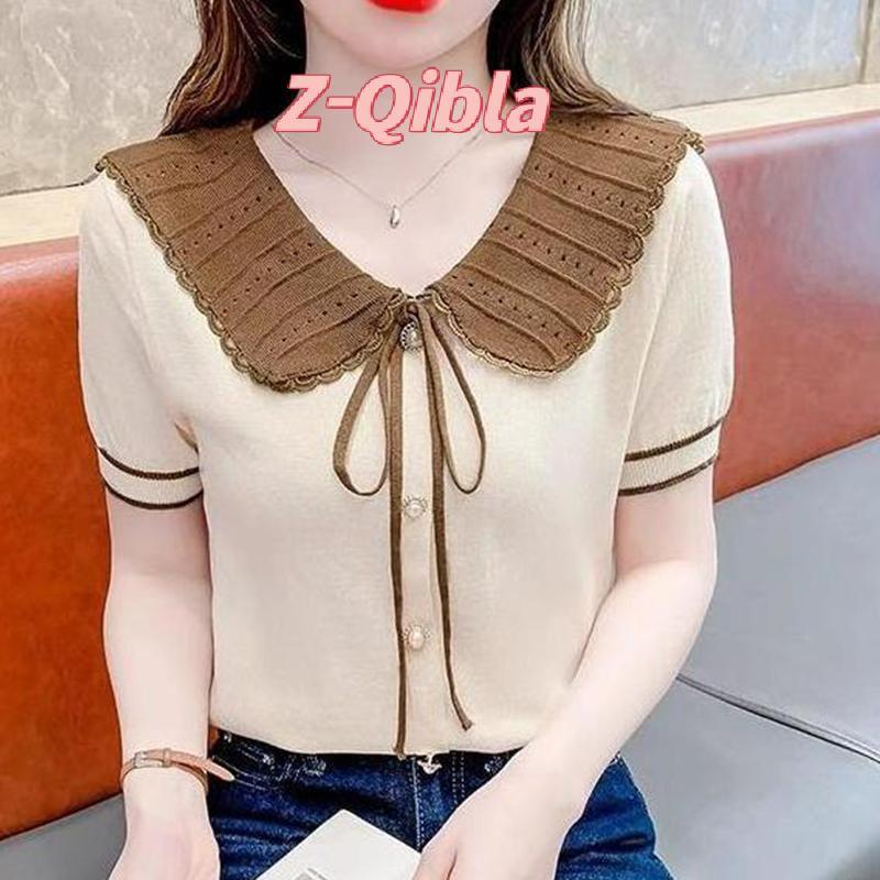 [Z-Qibla-t] ฤดูร้อนเกาหลีหวาน Bow Tie Ruffle ตุ๊กตาคอปกแขนสั้นอเนกประสงค์เสื้อถักสําหรับผู้หญิง