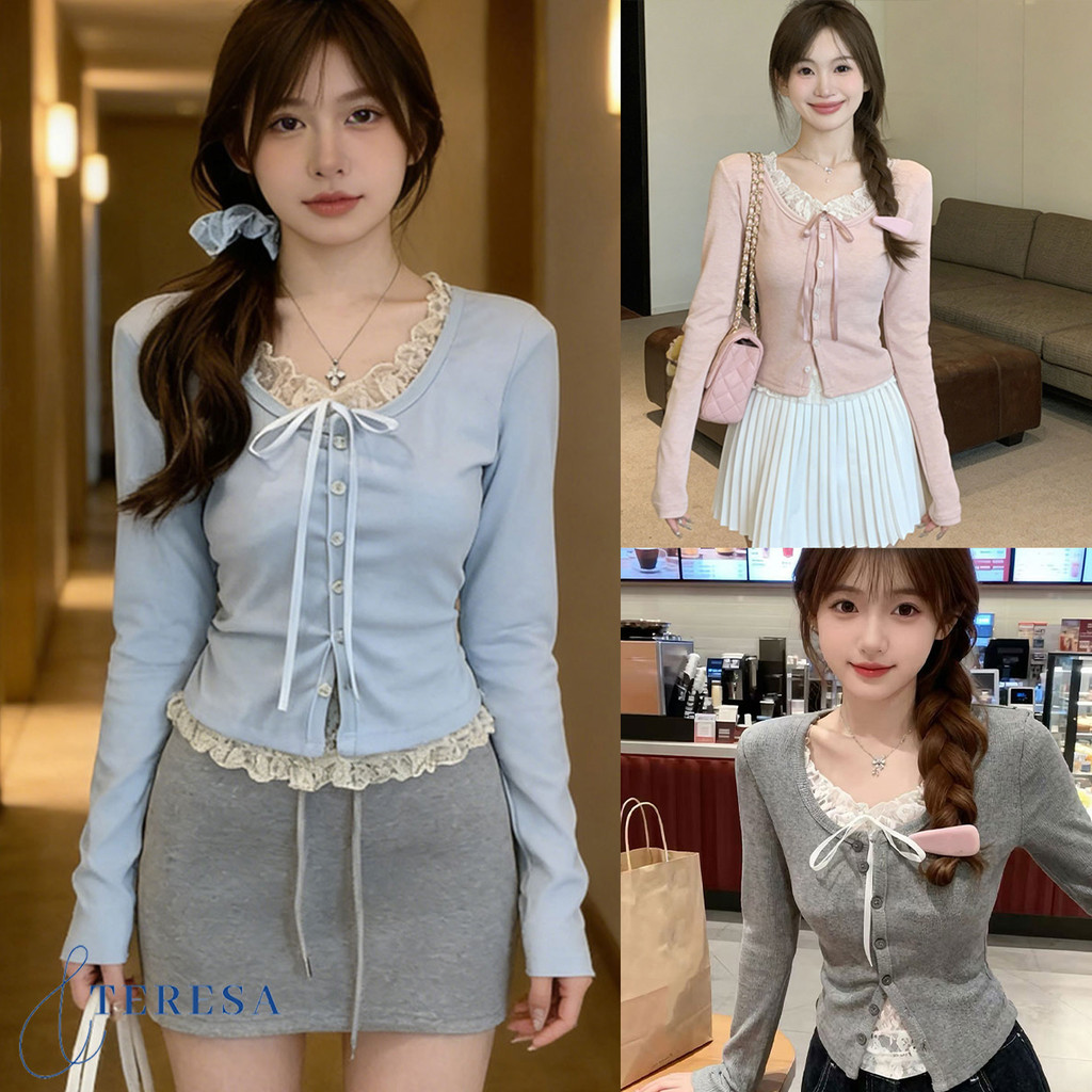 เสื้อยืดแขนยาว สไตล์มินิมอล ผ้าลูกไม้ สวมใส่สบาย