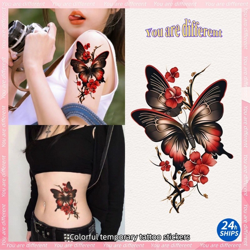 สติกเกอร์ลายสักชั่วคราวดีไซน์ผีเสื้อดอกพลัม สำหรับงาน.party และการประพรมส่วนบุคคล พยายามคงทนหลายวัน