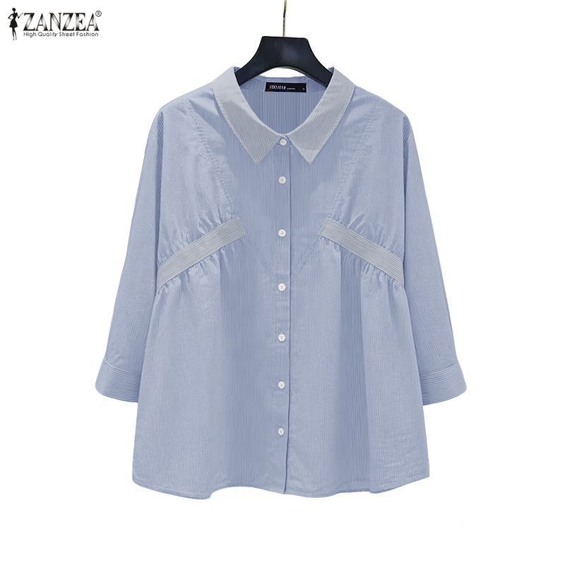 ZANZEA เสื้อลายทางสำหรับผู้หญิง สไตล์เกาหลี คอหุบ แขนสาม_quarter เหมาะสำหรับใส่ทำงานแบบลำลอง