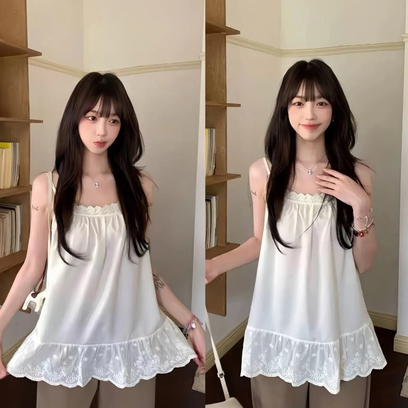 Evelyn เสื้อแขนกุด ลายลูกไม้ ทรงหลวม เสื้อสายเดี่ยว สไตล์สาวเกา แฟชั่น น่ารักหวานๆ เสื้อผ้าผู้หญิง