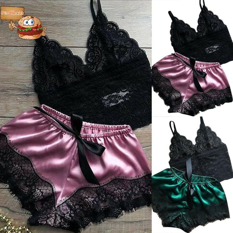 Sun 2 ชิ้นสตรีลูกไม้ชุดนอนชุดชั้นในกางเกงขาสั้นชุด Babydoll ชุดนอนชุดนอน shine