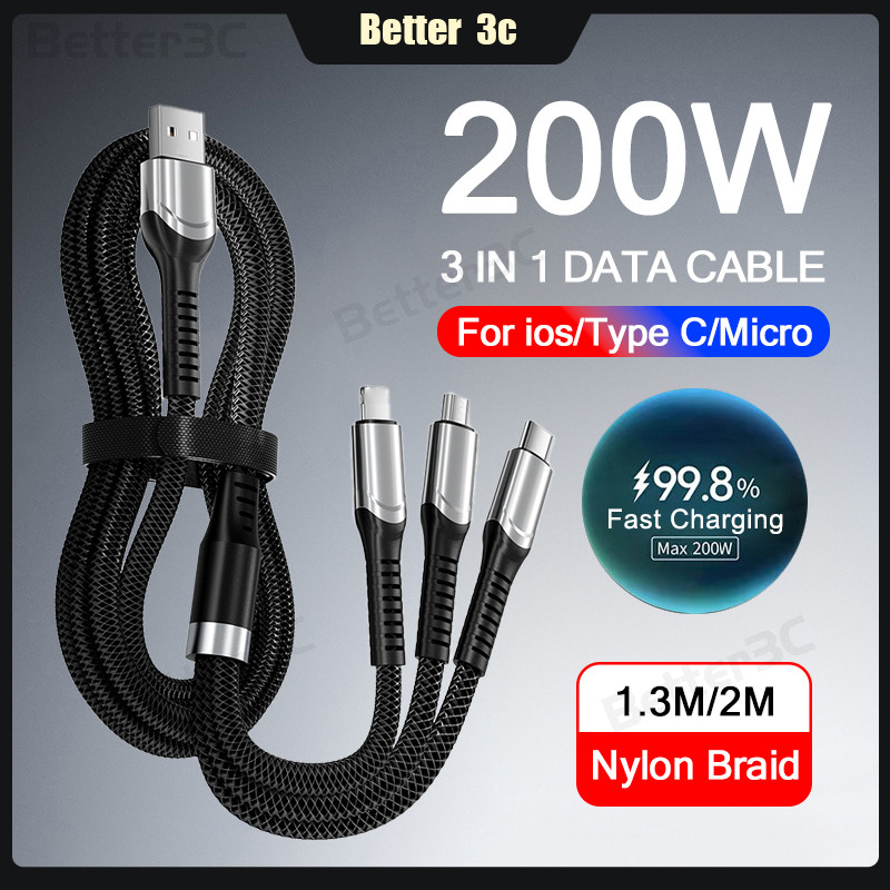 สายชาร์จโทรศัพท์กําลังสูง 200W 1.3M/2M สายเคเบิลข้อมูลป้องกันการโค้งงอนทอไนลอน 3 IN 1 USB to Type C/Micro/ios Cable