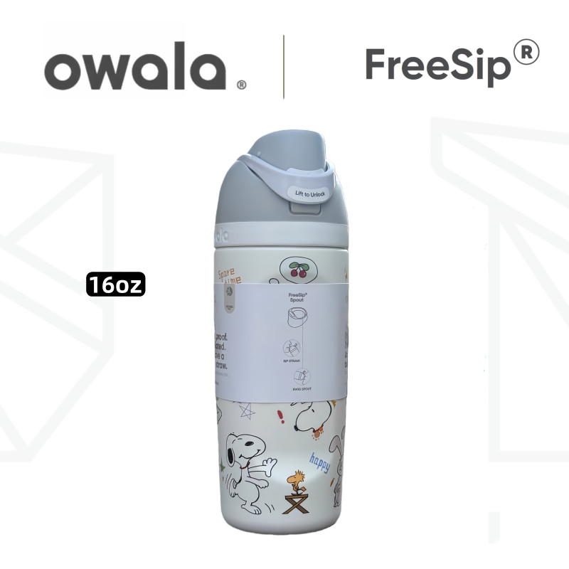 Owala Freesip Kids ขวดน้ําฉนวน 16 ออนซ์ – ฝาฟางป้องกันการรั่วไหลสแตนเลสพร้อมที่จับสําหรับโรงเรียนกีฬาและการเดินทาง