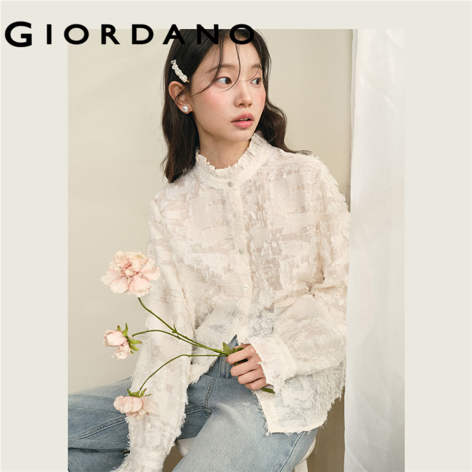 GIORDANO WOMEN Frayed detailing ruffle band collar blouse 18346904