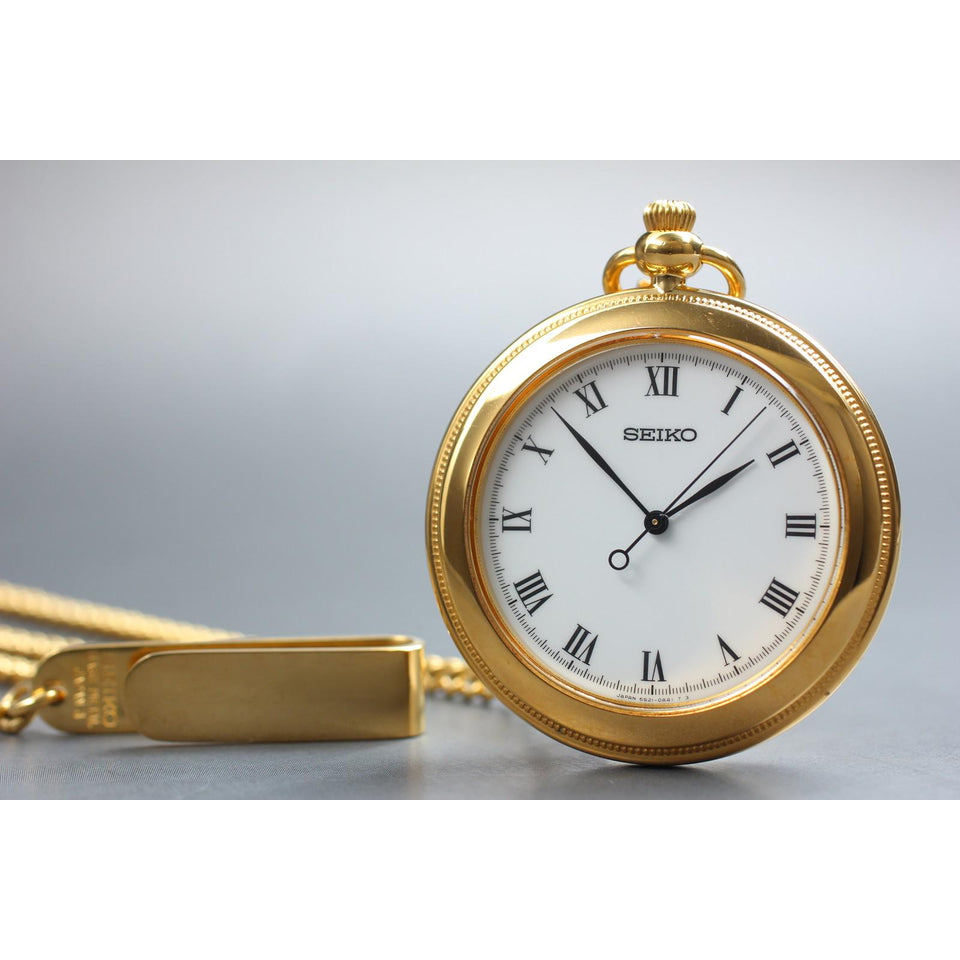 Vintage 1992 [near mint] seiko 5s21-0a31 gold roman round 39m qz pocket watch