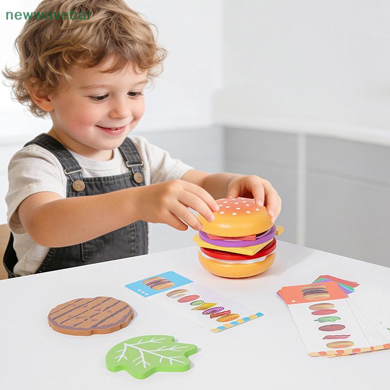 [HENGHOME] Montessori แฮมเบอร์เกอร์ไม้แกล้งทําเป็นเล่นของเล่นการศึกษาจําลองอาหารจับคู่เกม Staing พร้อมการ์ดสําหรับเด็ก 2 ปีของขวัญ {TH}