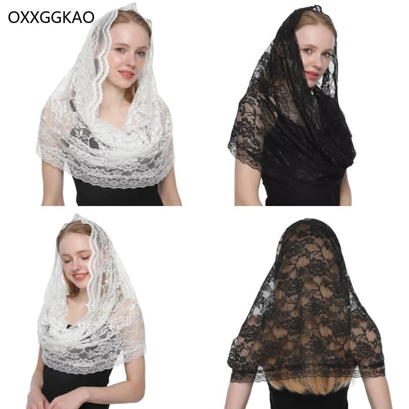 OXXGGKAO Elegant Lace Mantilla Veil สําหรับงานแต่งงานแบบดั้งเดิมลูกไม้ดอกไม้ Veil Head สําหรับ คาทอล