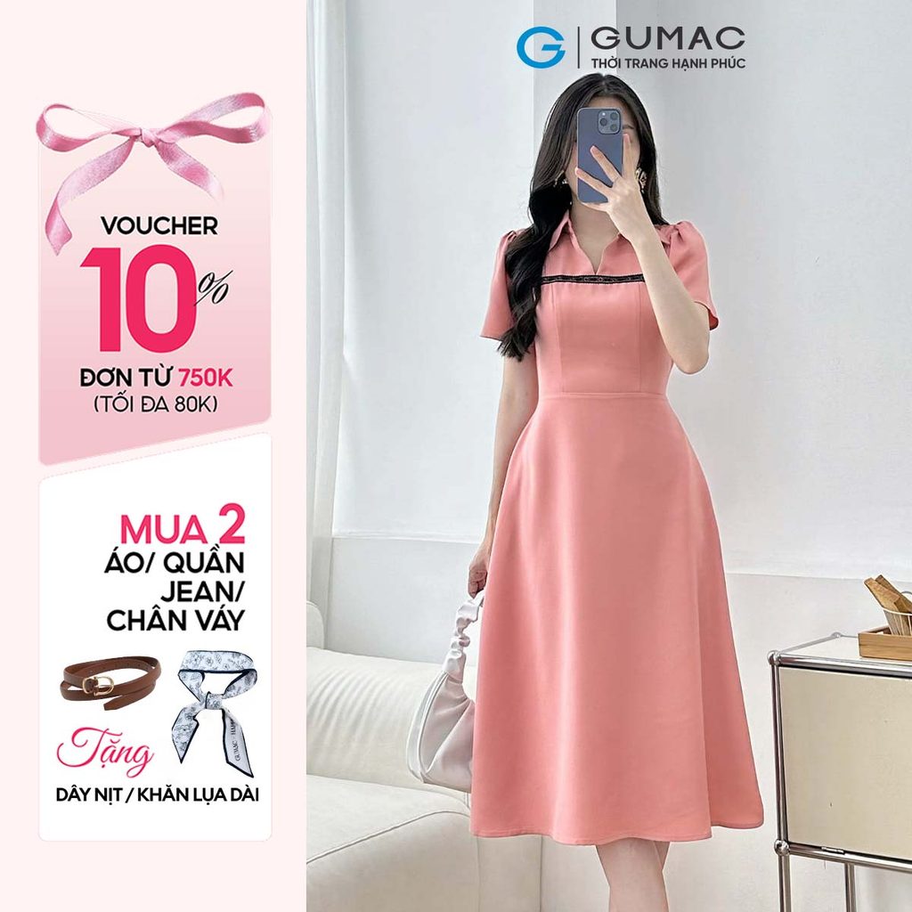 กูแมค ชุดเดรสบานทรง ก ผู้หญิงคอปกเชิ้ตและลูกไม้ในผ้ากํามะหยี่ไหมนุ่มเย็นมีกระเป๋าหรูหรา LDF0511