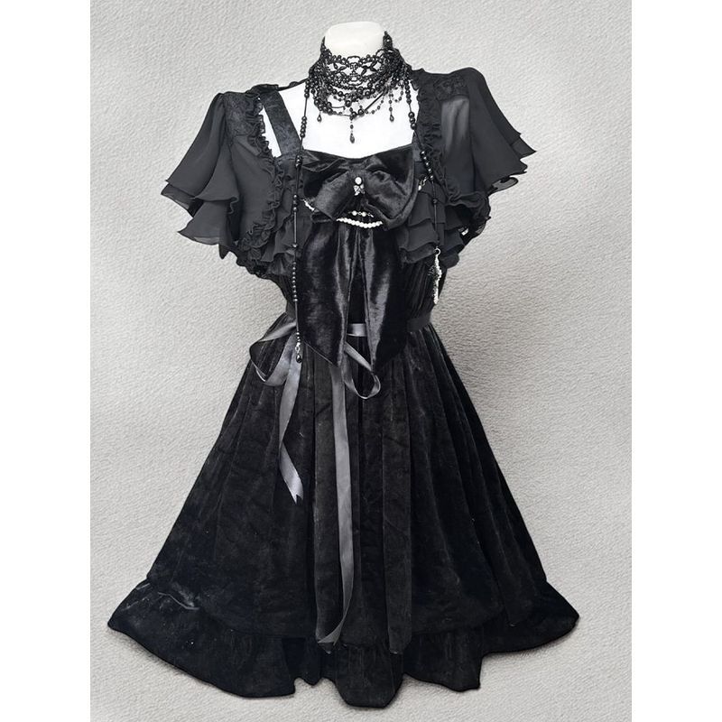 Gothic Girl Niche Black Vintage lolita Bow Dress+Cardigan ฤดูร้อนหญิงสองชิ้น