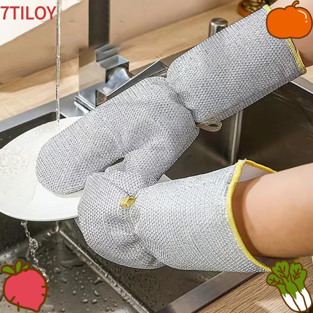 7TILOYSHOP ถุงมือล้างจาน, กันน้ําในครัวเรือนทําความสะอาดงานบ้านถุงมือทําความสะอาด, ชามยาวแปรงหนาทําความสะอาดถุงมือเงิน