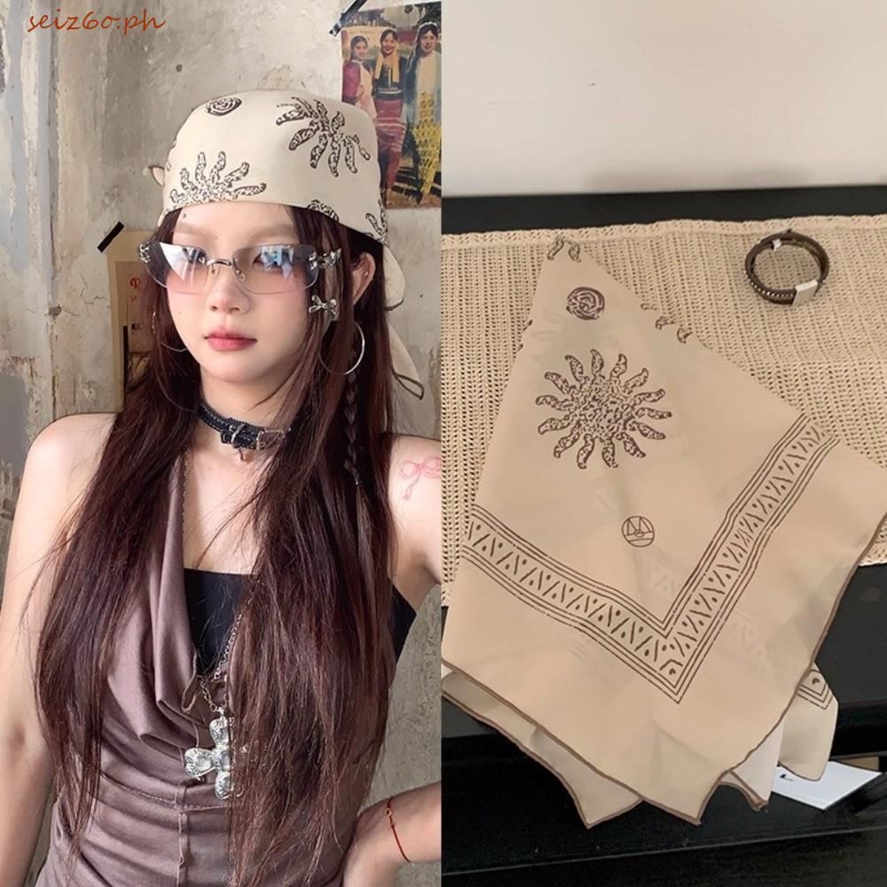 SEIZ6O Square Headscarf, ดอกไม้ Y2K พิมพ์ผ้าพันคอ, แฟชั่น Hip Hop เรียวผ้าพันคอแถบคาดศีรษะ Punk ผ้าพ