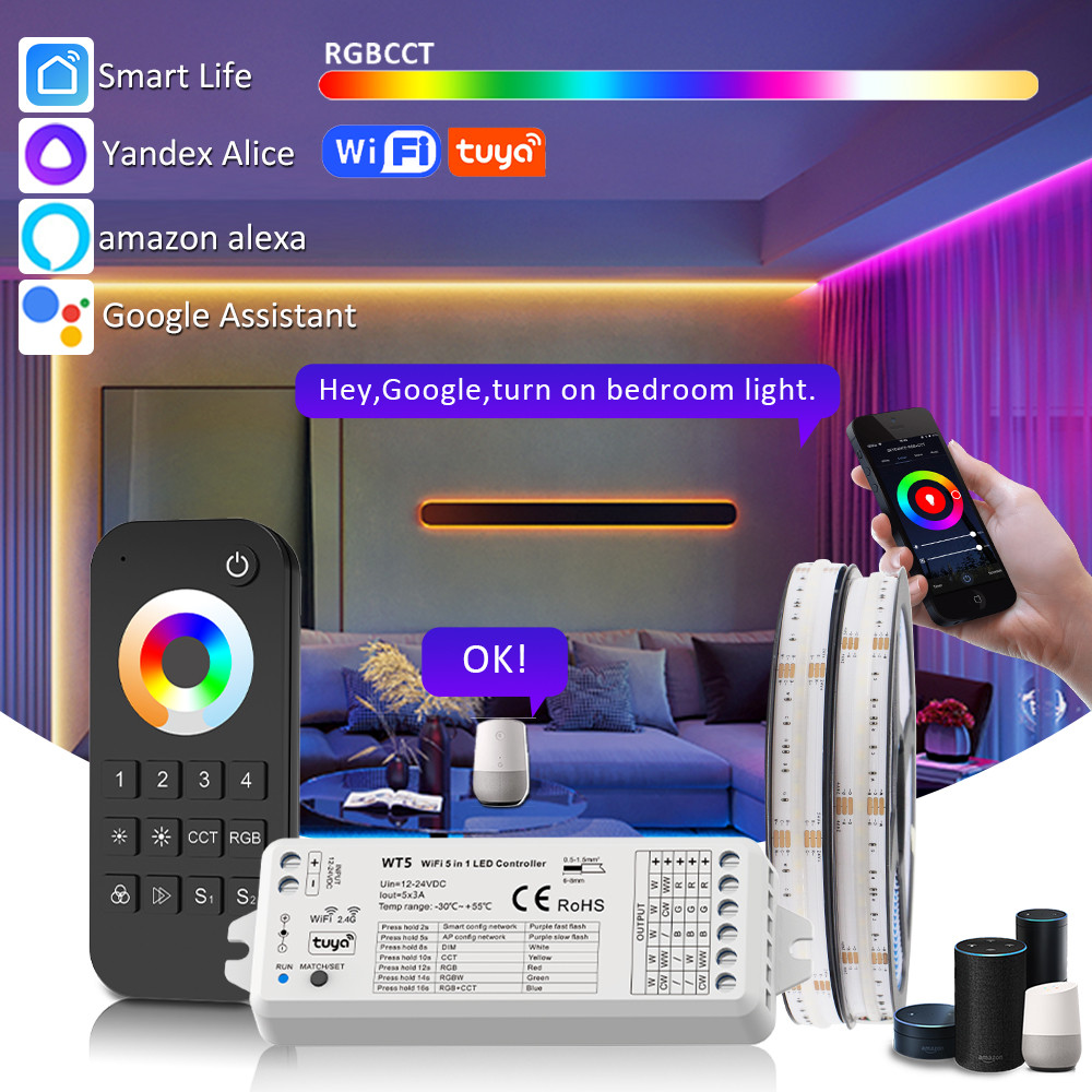 MJJC WT5 Tuya Controller 12V 24V RGB CCT RGBW RGBCCT ไฟ LED Strip Wifi Controller ทํางานควบคุมเสียง Google Assistant