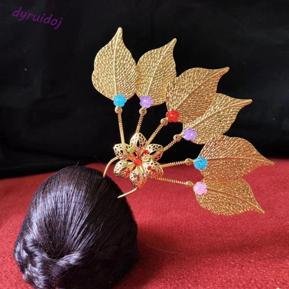 DYRUIDOJ1 ไทยใบโลหะ Hairpin, ดอกไม้ทองไม้ผมไทย, Rhinestone คลาสสิก Yunnan Dai สไตล์ Headdress U-รูปผ