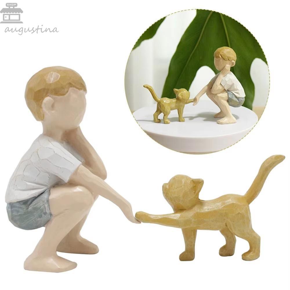 AUGUSTINA 2ชิ้น/เซ็ตมินิสัตว์เลี้ยงประติมากรรม,น่ารักมือวาดเด็กชายแมวตุ๊กตา,สร้างสรรค์เรซิ่นหัตถกรรมการ์ตูนศิลปะแกะสลักมือประติมากรรมตกแต่งบ้าน
