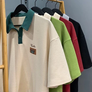 Chaistyle เสื้อโปโลผู้ชาย แขนสั้นวาฟเฟิลด์ เสื้อผู้หญิง ชุดคู่รัก ลำลอง ปกพับ