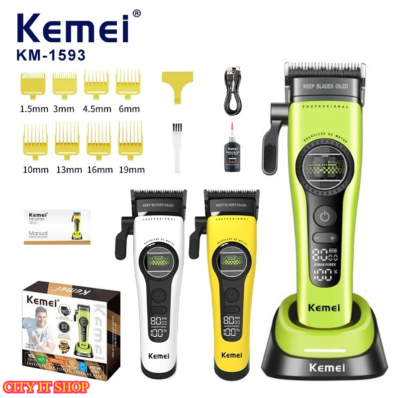 KEMEI KM-1593 Professional Mens Hair Clipper DLC Blade 8000RPM โรเตอร์ภายนอกมอเตอร์ไร้แปรงจอแสดงผลตัดผมใช้ง่าย พกพาสะดวก ราคา ถูกที่สุด ดีลบีเคเค