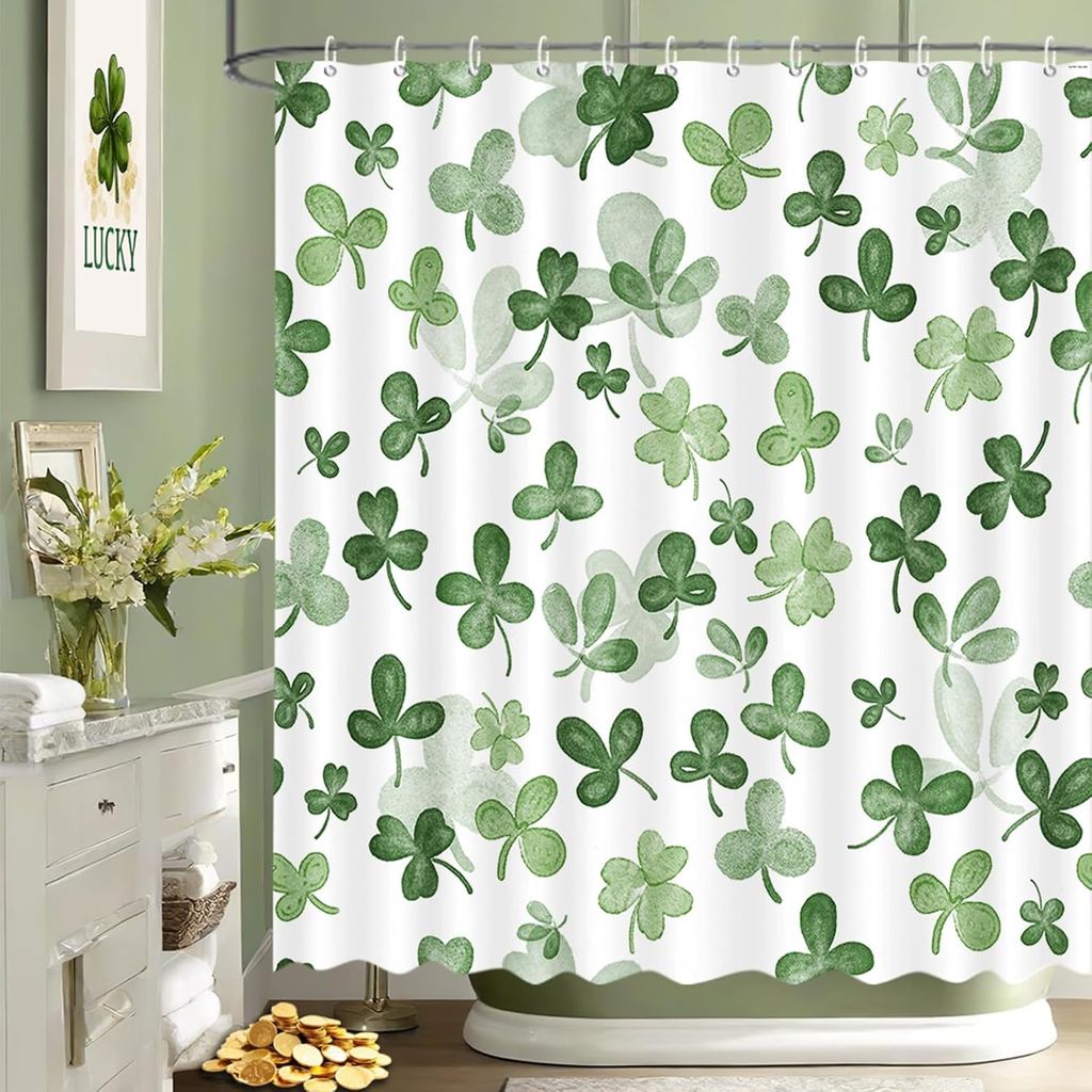 MEHOLID ST.Patricks Day ม่านอาบน้ําสําหรับห้องน้ํา Lucky Shamrock ม่านอาบน้ําสีเขียว Clover ใบตกแต่ง