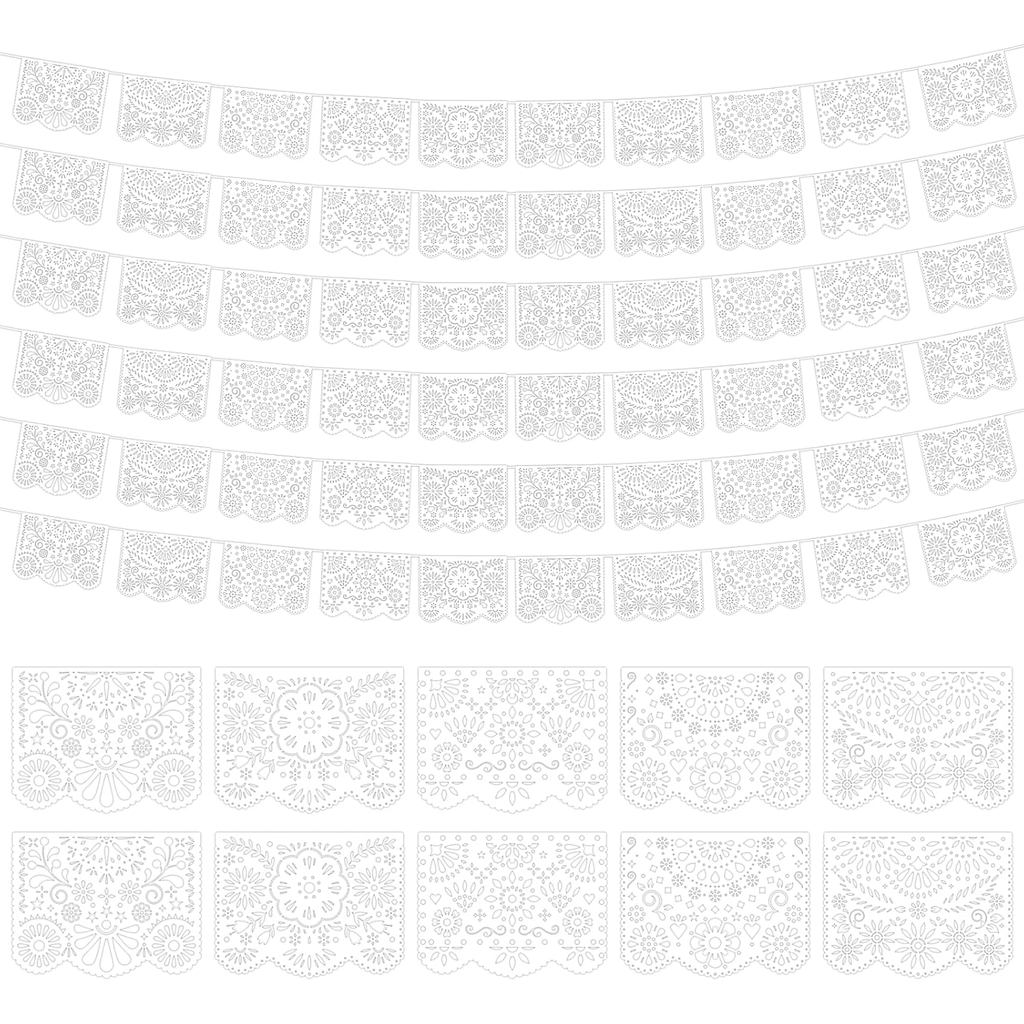 6 แพ็คพลาสติกสีขาวกันน้ํา Papel Picado แบนเนอร์ - Mexican Party Decor สําหรับงานแต่งงาน, Dia de los 