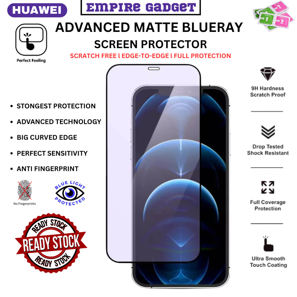 ขั้นสูง Matte Blueray HUAWEI Nova 5T,2i,2Lite,3,3i,4,4E,7i,7SE,Y5P,Y6P,Y7P,Y9S,P,P40 กระจกนิรภัยป้อง