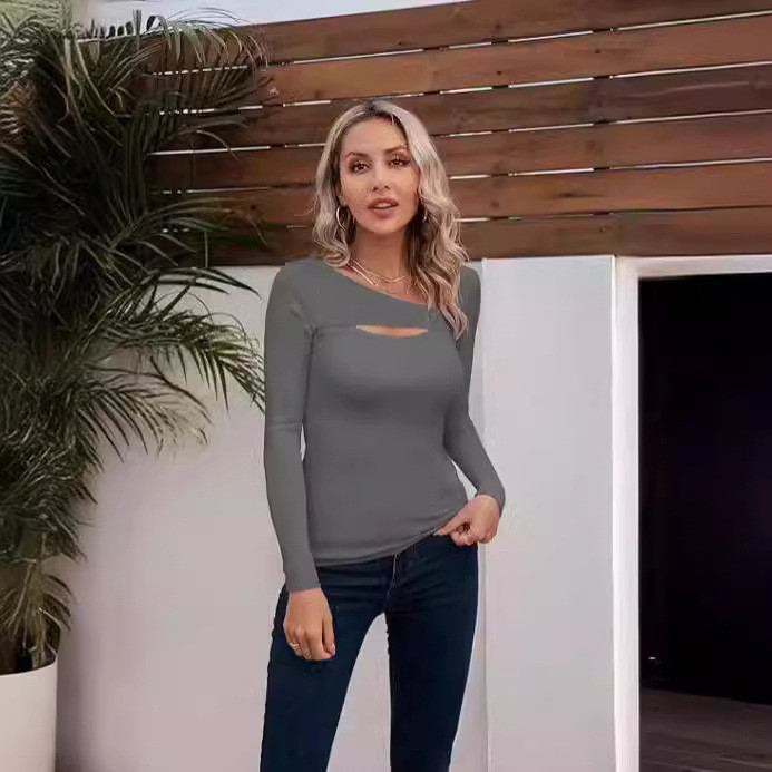 Slim-fit เสื้อยืดแขนยาวคอปก สไตล์แฟชั่นสำหรับผู้หญิง รหัส 63p19